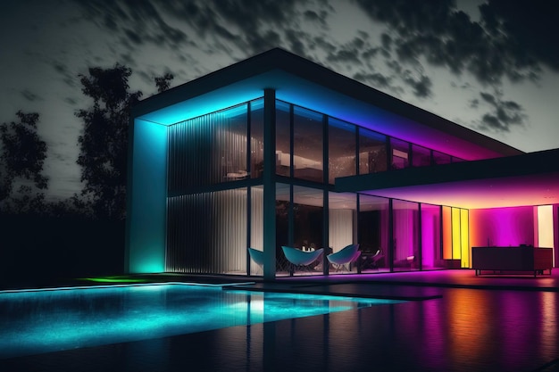 In a contemporary villa at night colored led lighting No one is inside