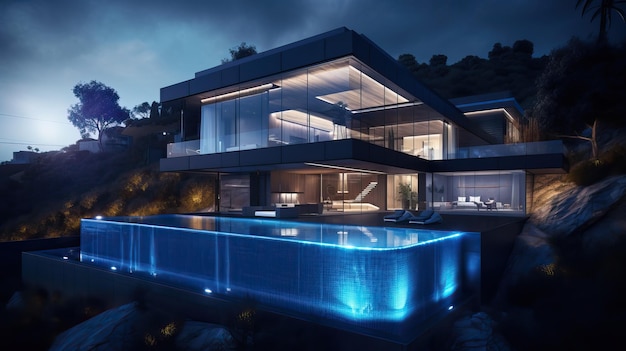 Contemporary villa with pool and garden at blue hour generative ai