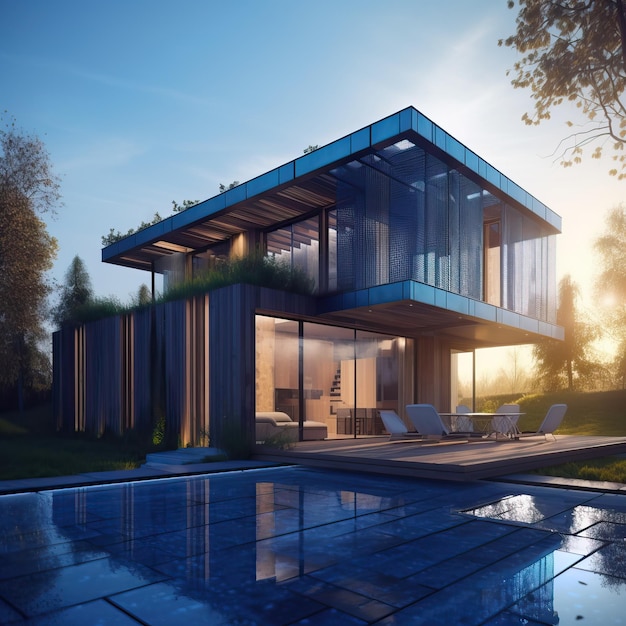 Contemporary villa with pool and garden at blue hour generative ai