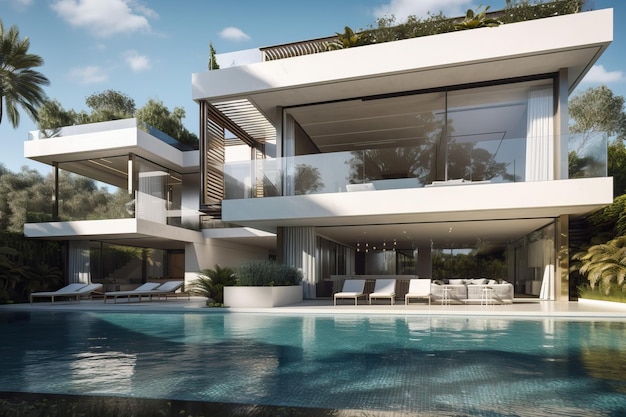 Contemporary villa with pool and garden in a sunny day generative ai