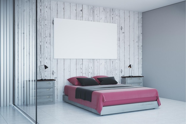 빈 포스터가 있는 현대적인 흰색 침실
