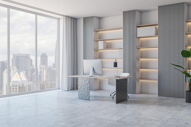 Contemporary white concrete and wooden stylish designer office\
interior with panoramic city view furniture computer monitor\
bookcase shelves 3d rendering