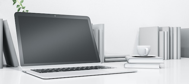 Contemporary white designer desktop with empty mock up computer\
monitor coffee cup and books 3d rendering