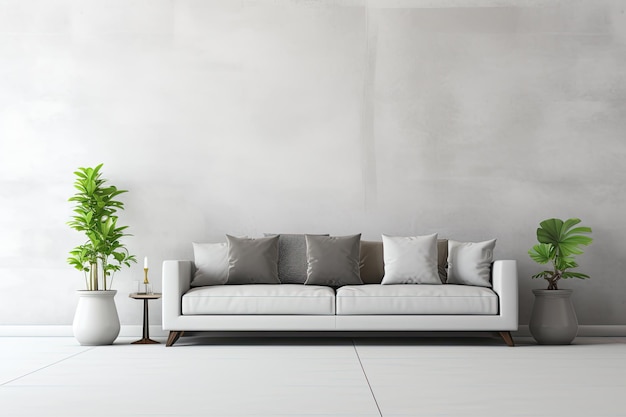 Contemporary white living room with a stylish gray sofa a captivating 3d rendering