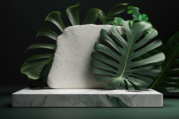 Contemporary white podium stage with tropical leaves on green background Generation AI