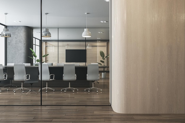 現代的な木製のコンクリートとガラスのコワーキング オフィス インテリア壁家具機器ウィンドウとシティー ビューに空白のモックアップの場所法律法的および商業職場の概念 3 d レンダリング