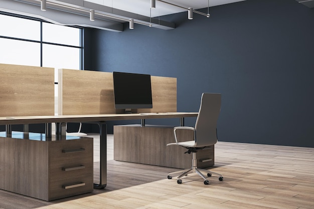 Contemporary wooden coworking office interior with panoramic windows and daylight furniture and equipment 3D Rendering