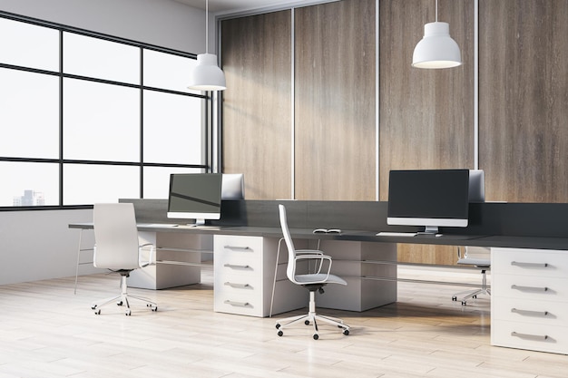 Contemporary wooden coworking office interior with window and city view furniture computers and daylight 3D Rendering