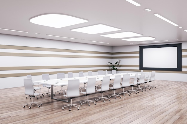 Contemporary wooden meeting room interior with blank white mock up presentation poster and furniture 3D Rendering