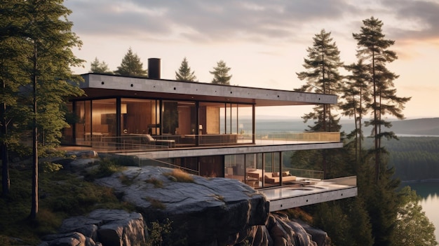 contemporary wooden villa on the edge of a cliff with views of the forest