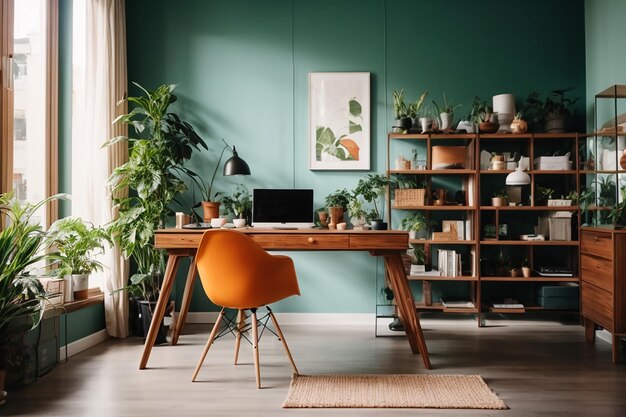 Contemporary workspace interior in modern room at home in daylight horizontal no people shot