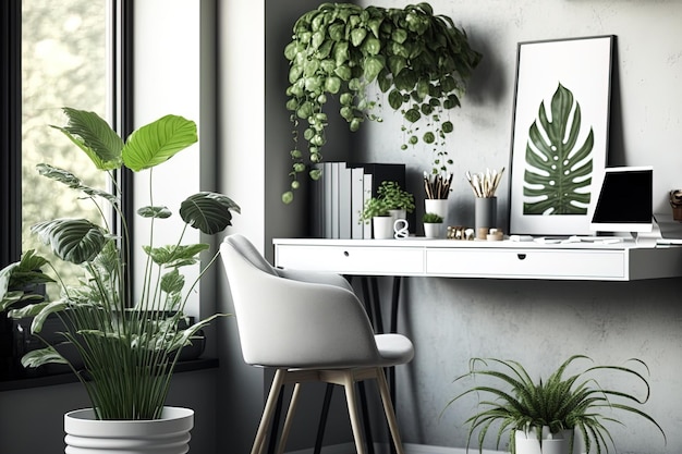 A contemporary workspace in a room with green potted plants Home decor