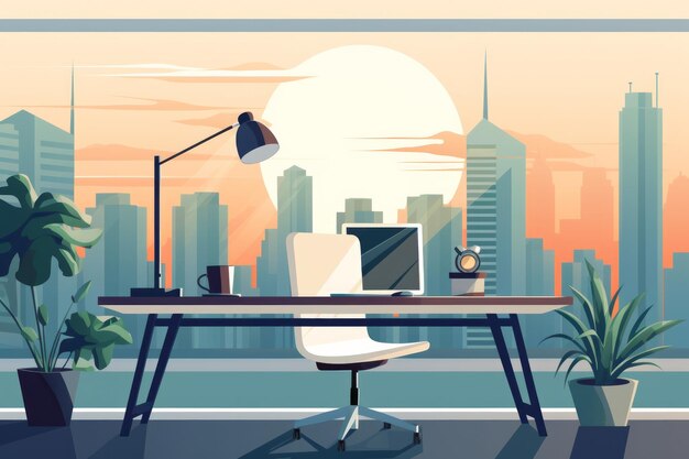 Contemporary workspace with evening sunset city view Business concept