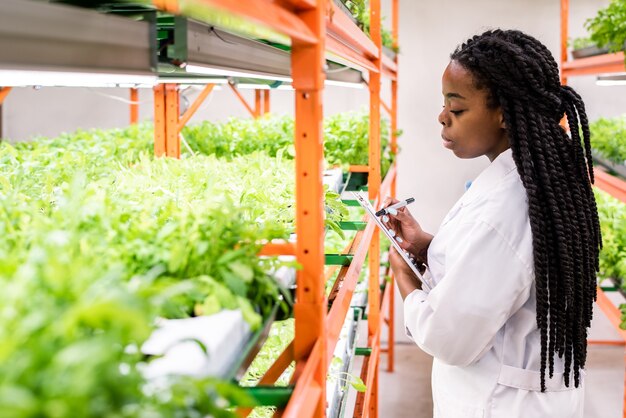 温室内の緑の苗と棚のそばに立っている間、文書にメモをとる現代の若い女性生物学者