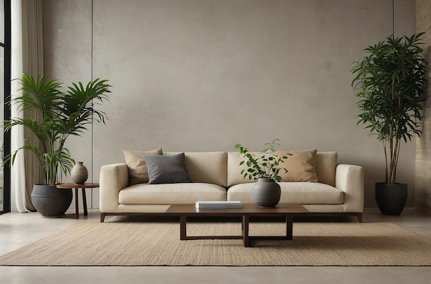 Contemporary Zen Beige Couch and Plant in Living Room