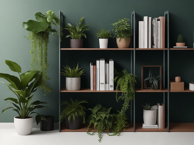 A contemporarystyle bookshelf adorned with plants that serves