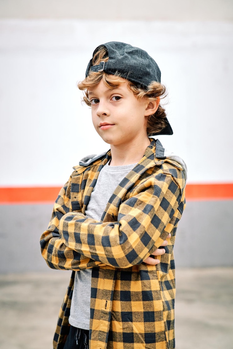 Photo content boy in cap and checkered shirt standing on street while crossing arms and looking at camera