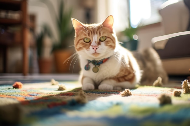 Content cat amid sun patches on carpet