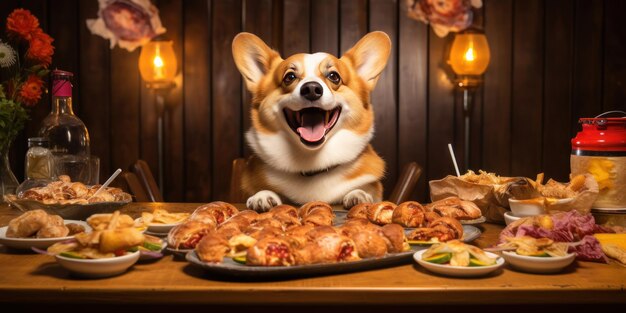 Content corgi dog beside a tempting plate of cheeseburgers with interest