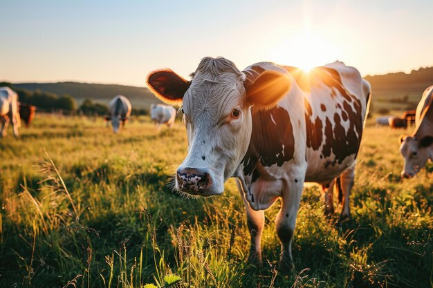 Content cow enjoying sunset in meadow