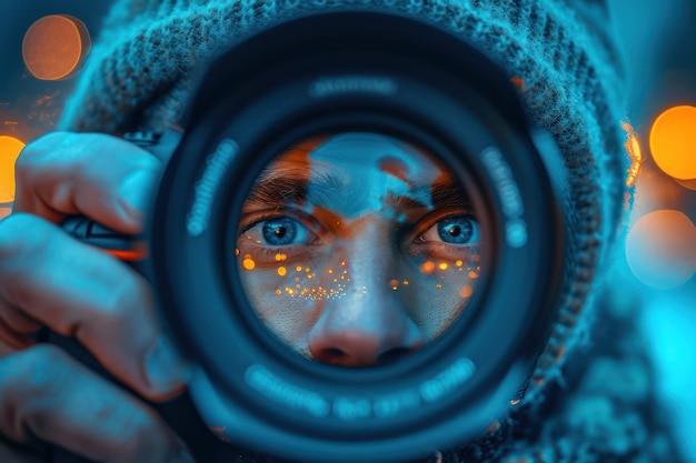 Content Creator Concept Man Taking Photos with Camera and Looking Through Lens extreme closeup Generative AI