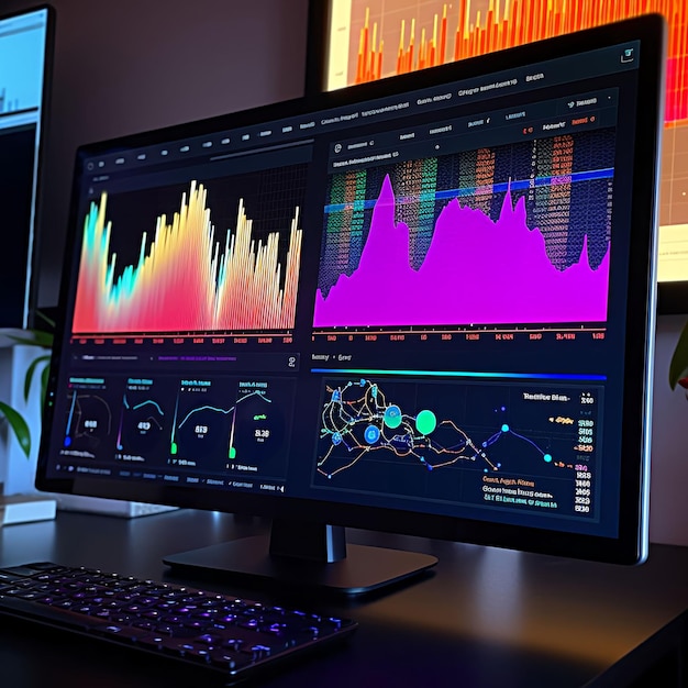 content creator's computer screen with colorful graphs