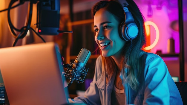 Content creator woman host streaming her a podcast on laptop with headphones and microphone interview cheering guest conversation at broadcast studio Blogger motivation recording voice over radio