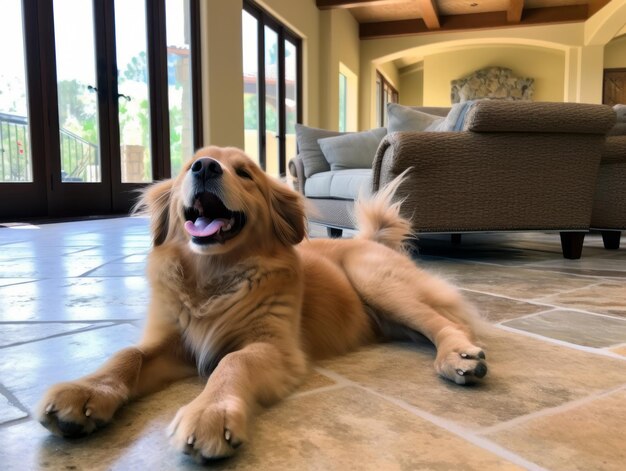 Foto cane contento di godersi il pavimento del soggiorno