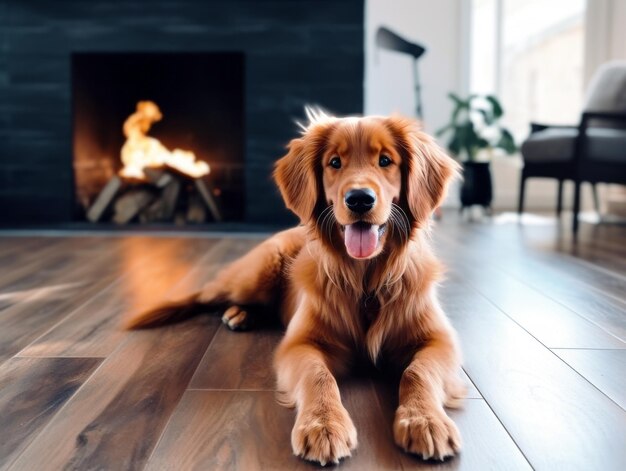 Foto cane contento di godersi il pavimento del soggiorno