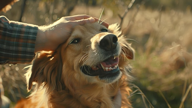 A content dog enjoys being petted in a serene golden field