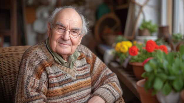 Content elderly man at home surrounded by houseplants and flowers