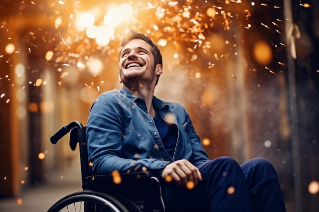 Photo content and joyful disabled adult man in a wheelchair ai