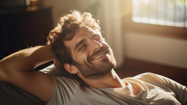 Foto uomo soddisfatto sdraiato con un sorriso rilassato dopo un giorno di lavoro in settimana libero dal lavoro finanziario