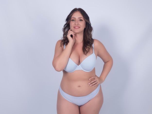 Content overweight woman in underwear