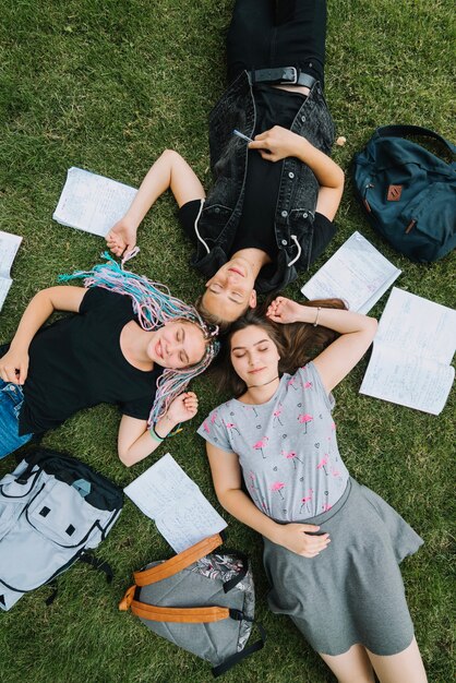 Content people posing on grass