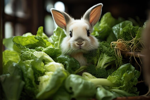 Content rabbit nibbling on fresh greens
