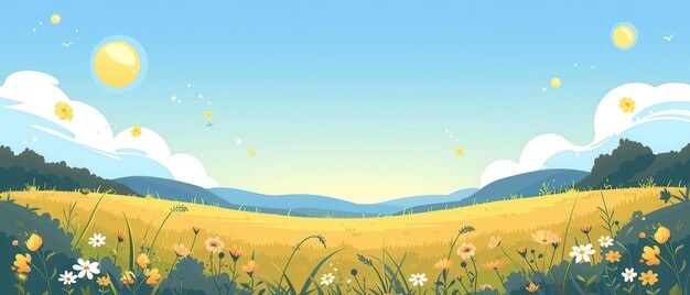 Photo content rolling hills under a bright blue sky dotted with wildflowers and a gentle breeze