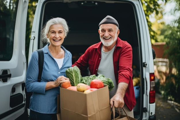 Content seniors with bags of fresh produce Supporting elderly with home grocery delivery