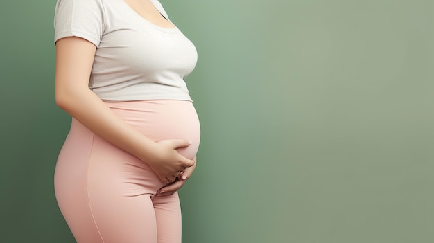 A content smile accompanies the hands of a pregnant woman on her belly