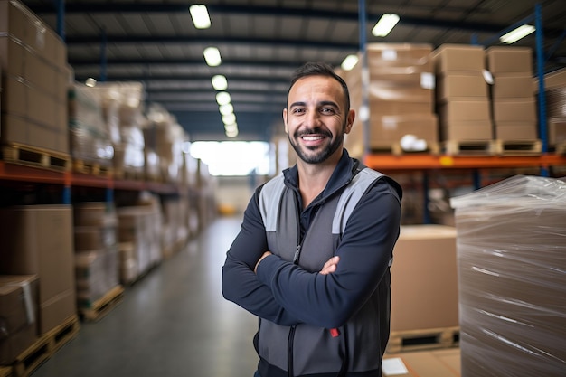 Content Warehouse Employee with Arms Crossed in Storage Facility with Pallets and Boxes