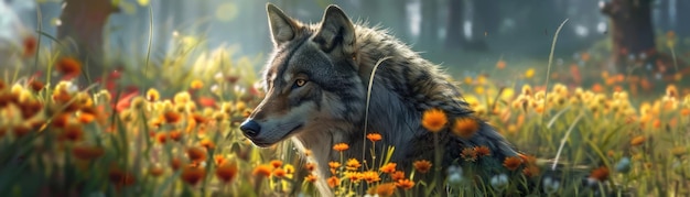 Content wolf as an environmentalist promoting conservation in a wild meadow