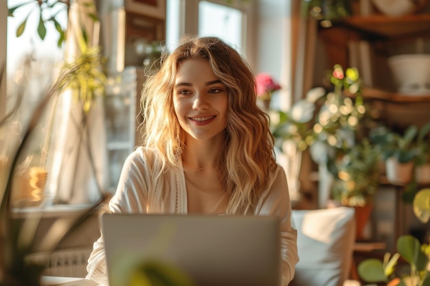 Content woman using her laptop at home at her office Generative Ai