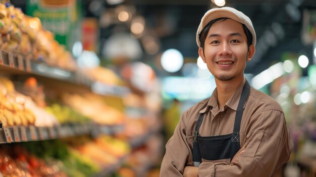 content young worker in a cap and apron smiles in the fresh produce aisle