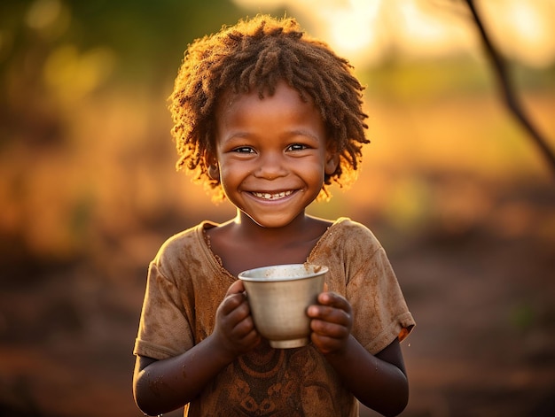 一杯の水で満足するアフリカの子供