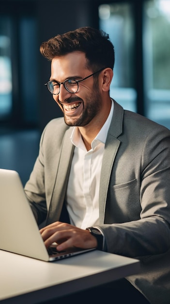 A contented businessman engages in a video call through his laptop at the office showcasing modern work practices and digital communication