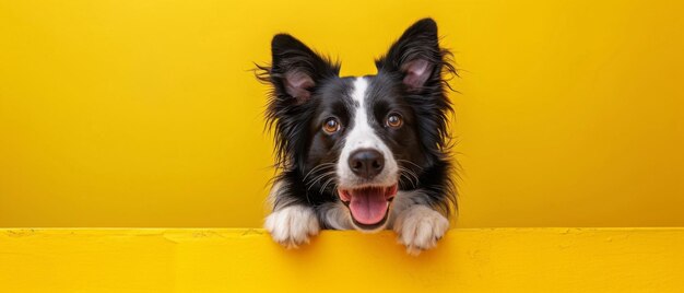 Contented cat and joyful border collie unite on vibrant yellow backdrop