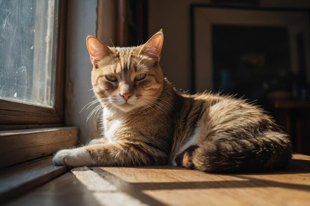 Удовлетворенная кошка, лежащая в солнечном окне.