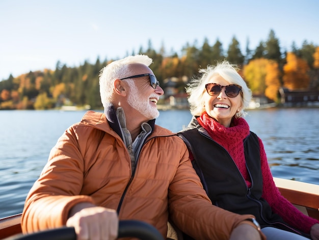 contented elderly couple on a trip to the lake with the boat generated ia