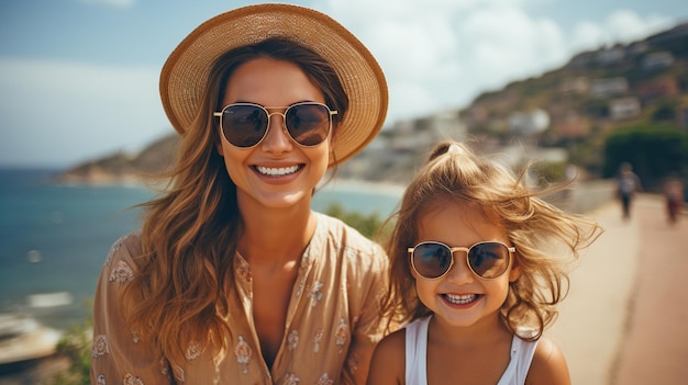 Удовлетворенная мать и дочь наслаждаются летним отдыхом Идея семейных путешествий и отдыха