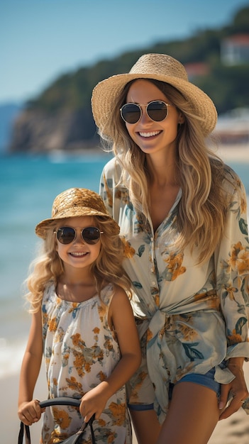 Удовлетворенная мать и дочь наслаждаются летним отдыхом Идея семейных путешествий и отдыха